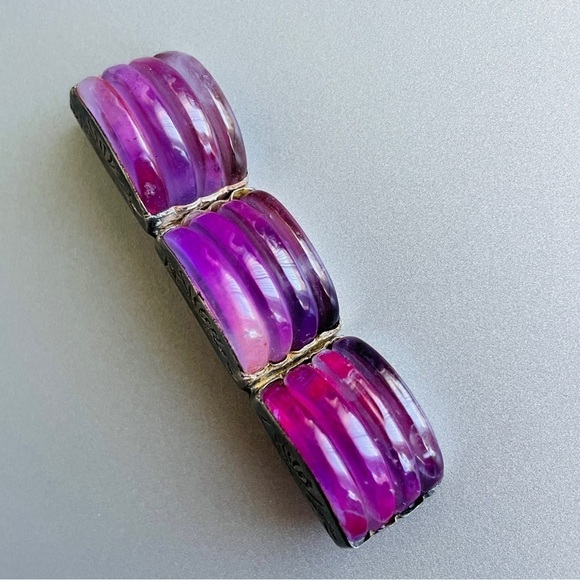 Jewelry - Antique Chinese Carved Amethyst Sterling Silver Ribbed Rectangle Pin Bro…